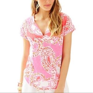 Lilly Pulitzer pink pattern v neck linen shirt. Size small